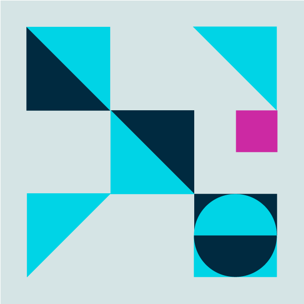 Graphic with light blue background and triangles and squares in acid blue, dark blue, and magenta