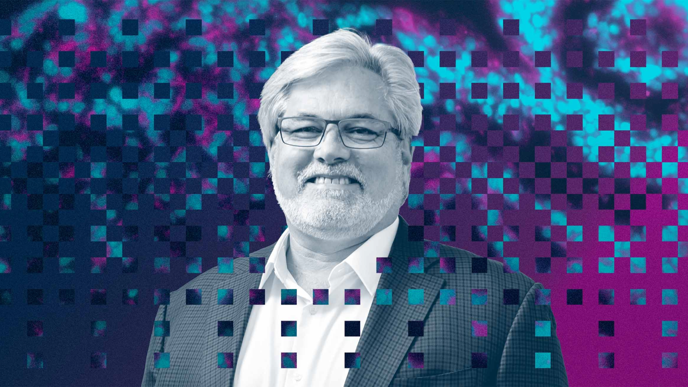 Stylized headshot of Steve Finkbeiner. Shades of purple and blue designed to look like pixels.