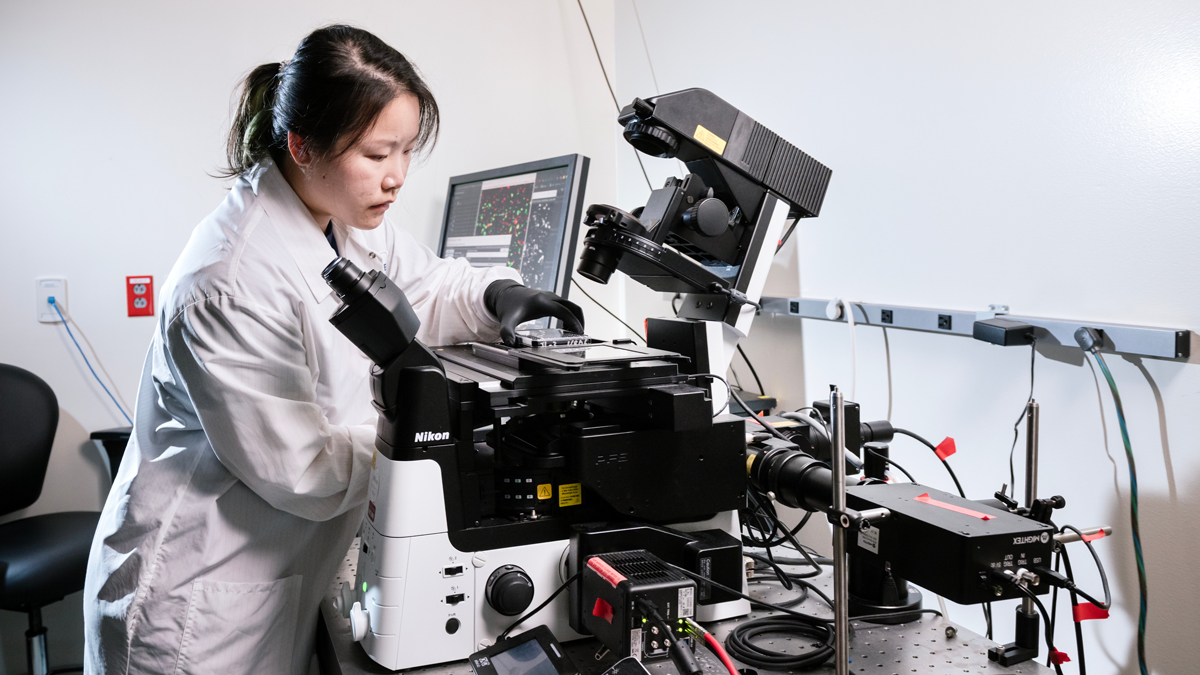 Scientist Shijie Wang is loading a plate of cells onto this microscope.