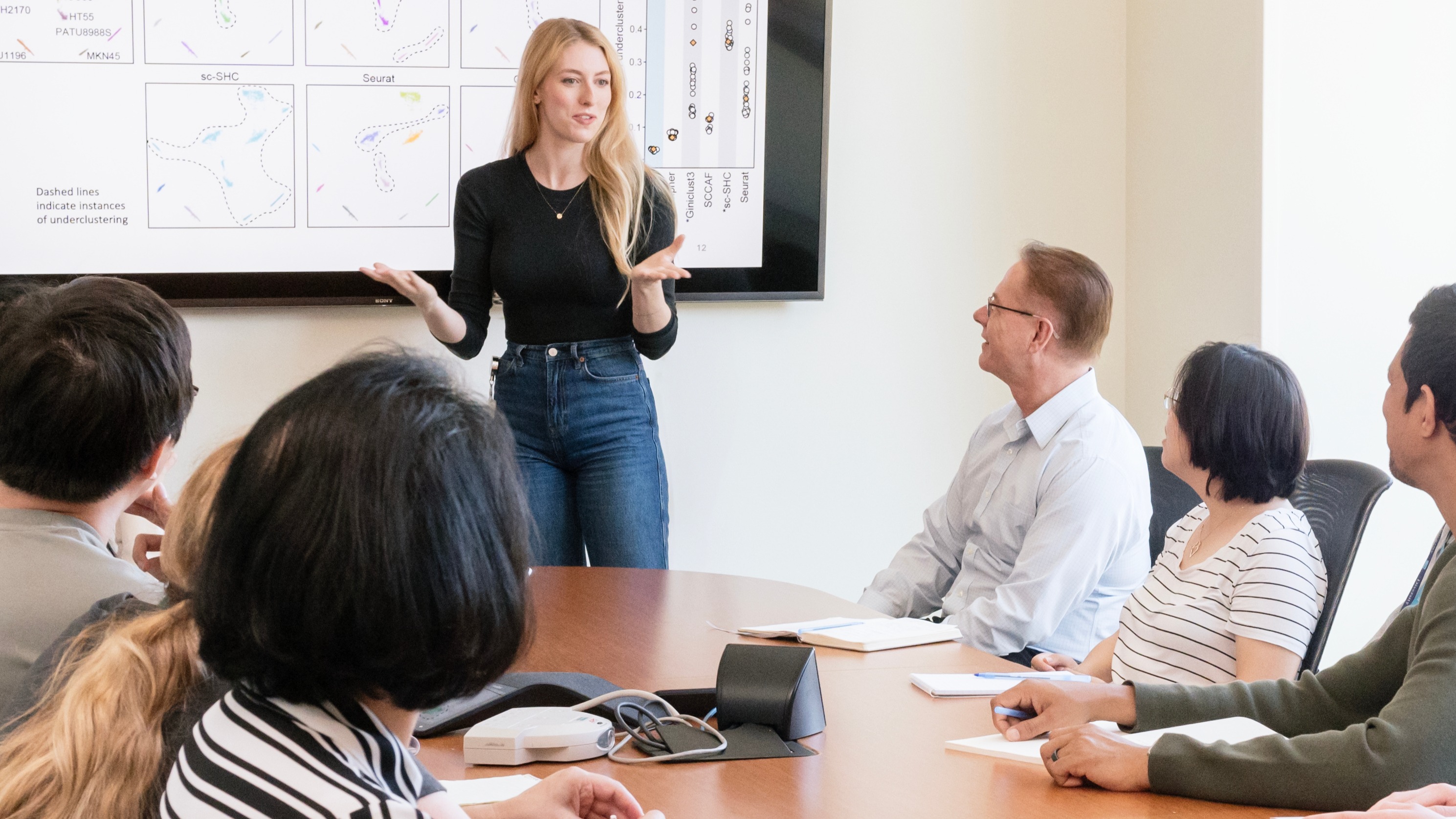 Cathrine Sant standing, leading a meeting while others are sitting gathered around a table.