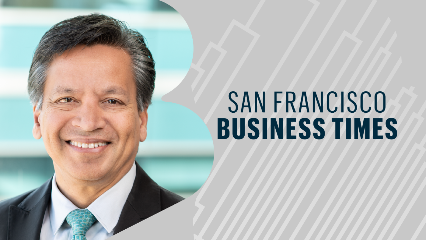 Graphic with a headshot of Gladstone President Deepak Srivastava along with the logo for the San Francisco Business Times