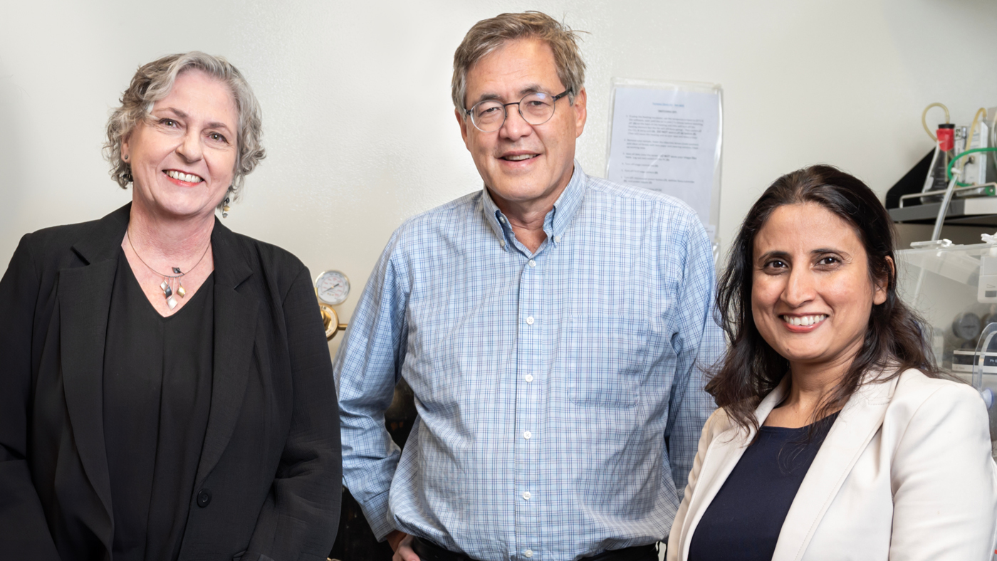 Anke Meyer-Franke, PhD, Bruce Conklin, MD, and Ritu Kumar, PhD, posing together in a lab