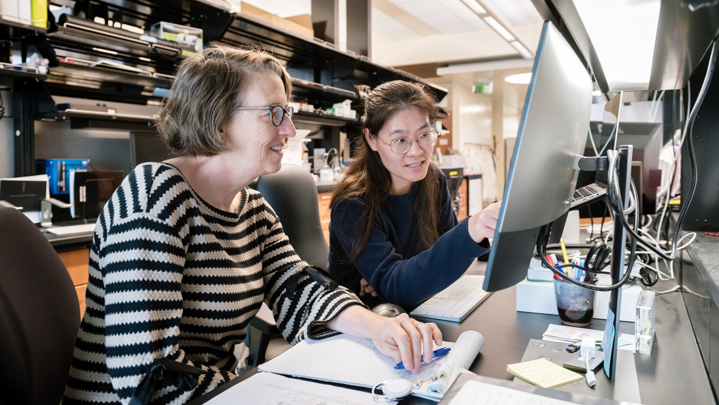 Katie Pollard and Shuzhen Kuang looking at data in the lab at Gladstone Institutes