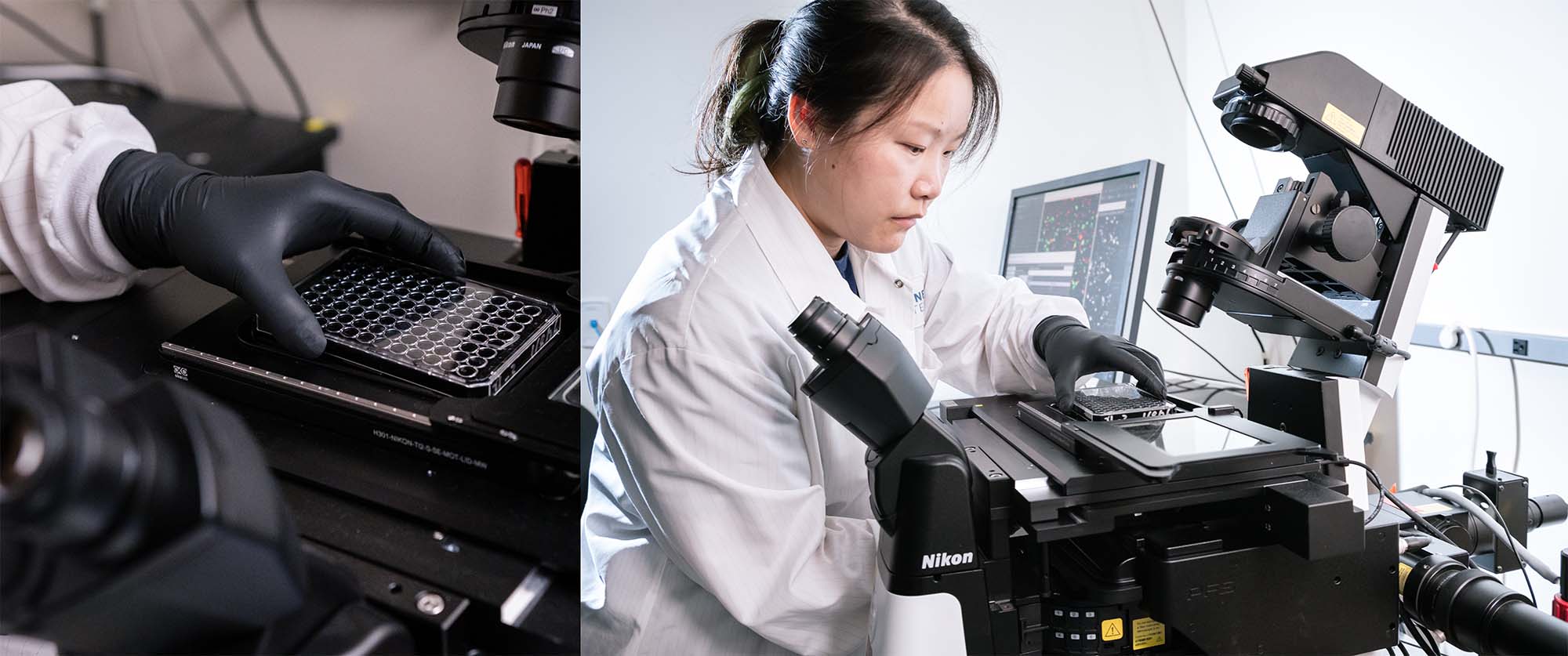 Shijie Wang loading a plate of cells onto the thinking microscope at Gladstone Institutes.
