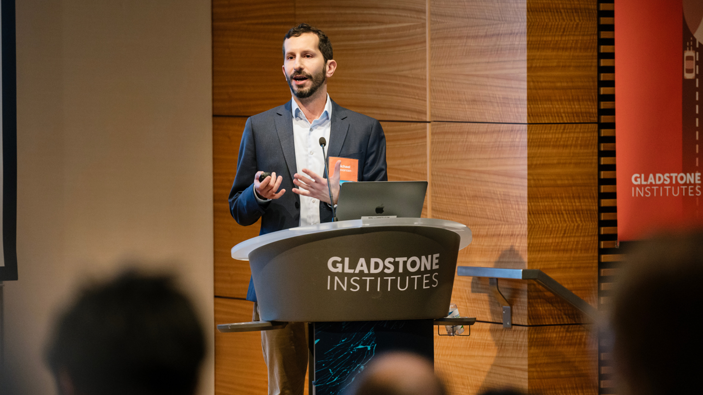 Michael Alexanian speaking at a podium at Gladstone Institutes.