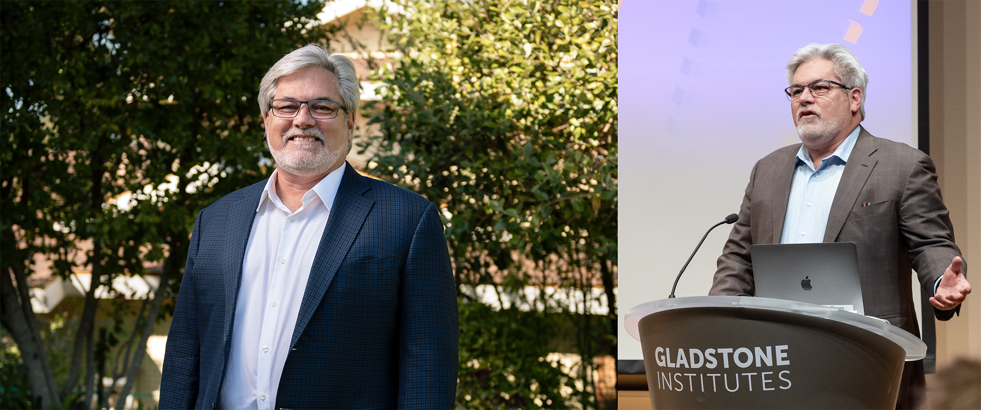 Steven Finkbeiner posing for a portrait and speaking at Gladstone Institutes.