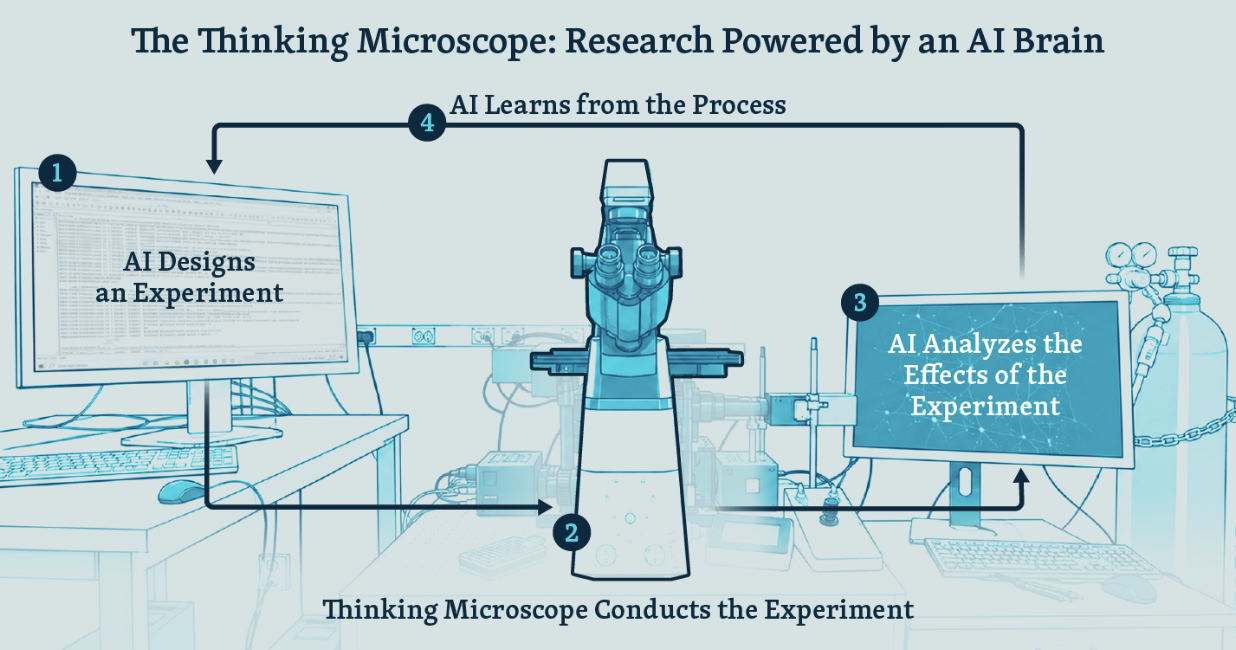 An illustration showing the different parts of the thinking microscope system and how the process works.