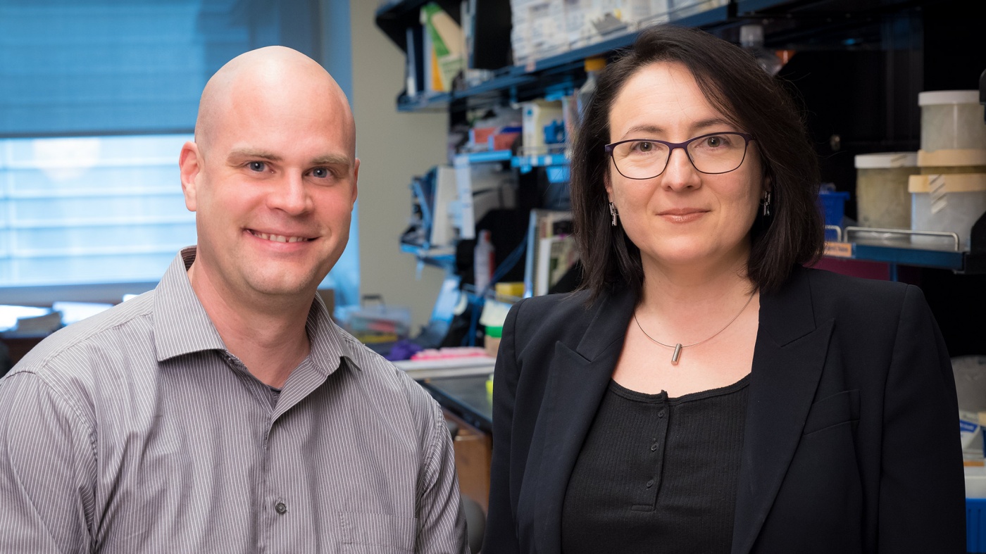 Gladstone scientists Katerina Akassoglou (right) and Mark Petersen (left)