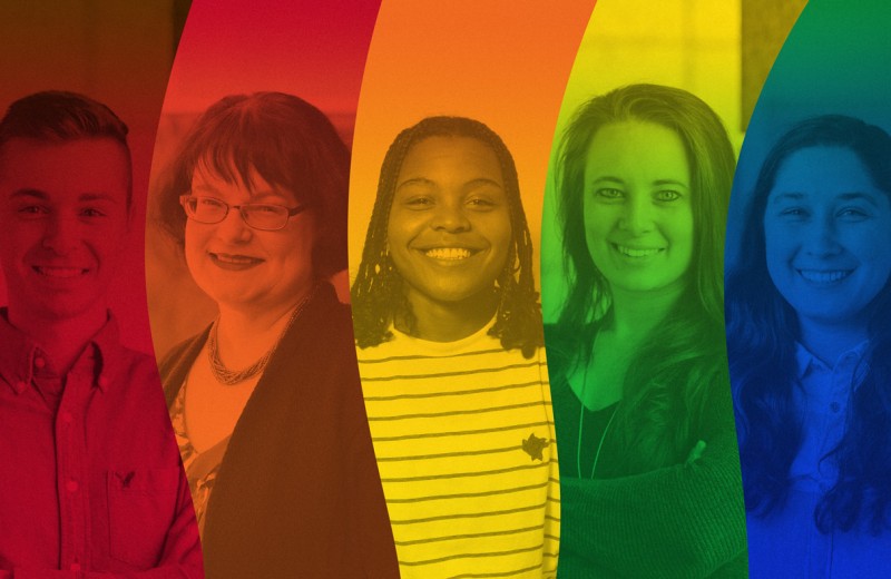 A version of the LGBTQ+ rainbow with portraits of members of the Gladstone community stylistically featured within the the stipes