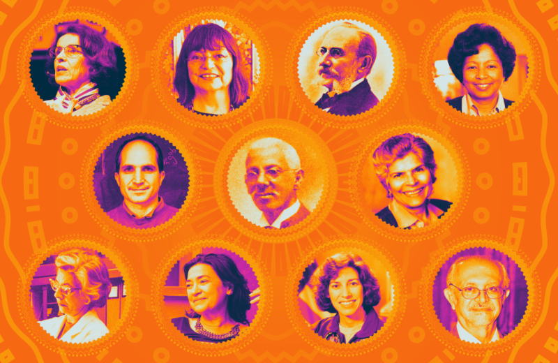 Three rows of headshots featuring Latinx scientists over an amber illustration