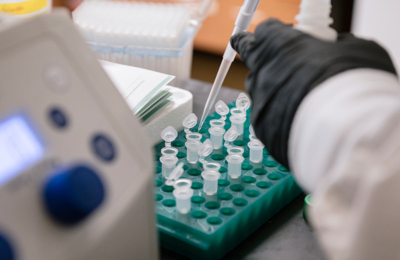 Scientist working in the Shipman Lab at Gladstone Institutes.