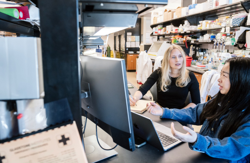 Julia Carnevale and Qi Liu in the lab at Gladstone Institutes