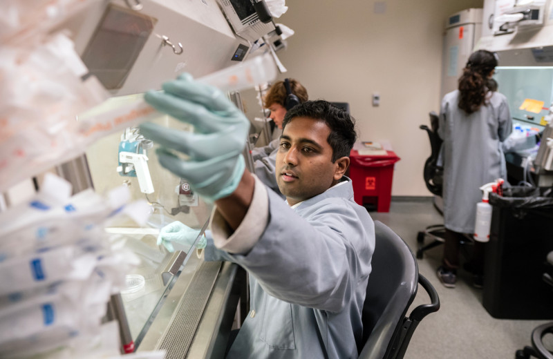 Gokul Ramadoss working in the Stem Cell Core at Gladstone Institutes.