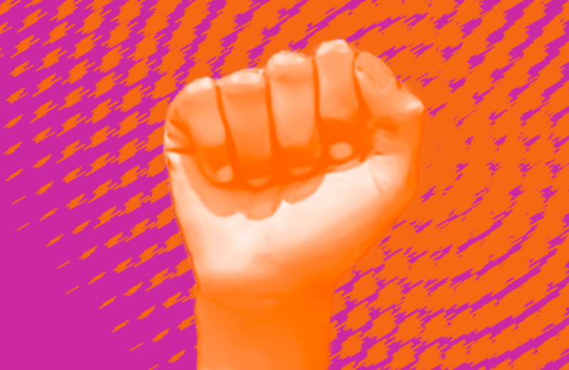 Fist raised with Amplified graphic behind