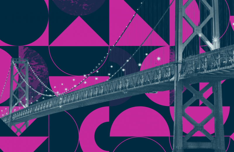 Graphic of the Bay Bridge with purple and magenta graphical elements behind