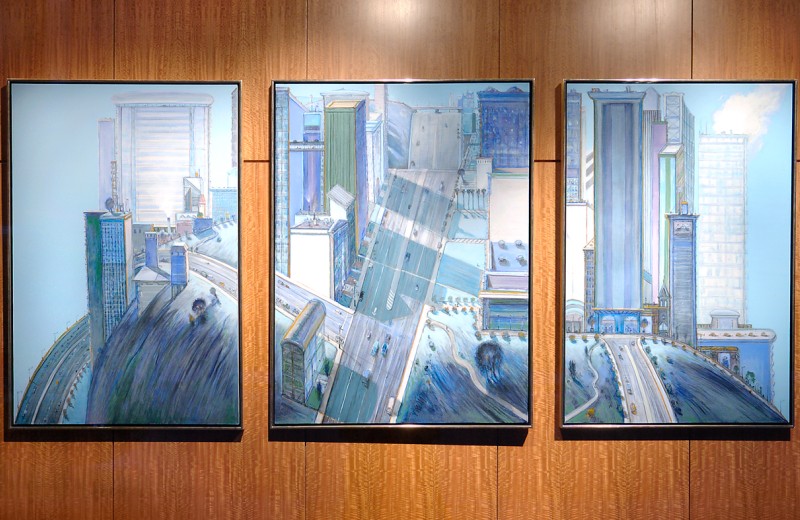 City Views by Wayne Thiebaud hanging in the lobby of Gladstone Institutes