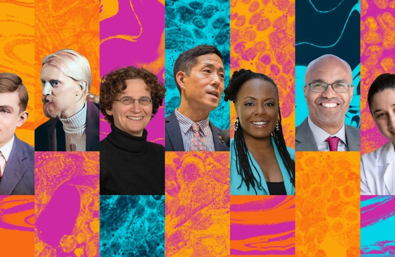 Headshots of Alan Turning, Bruce Voeller, Sharon Milgram, Kei Kozumi, Devin Horton, Ron Buckmire, and Stephanie Miller to celebrate LGBTQ+ Scientists