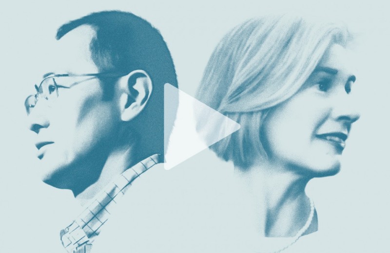 Illustrations of Shinya Yamanaka and Jennifer Doudna facing away from each other with a play button overlaid.