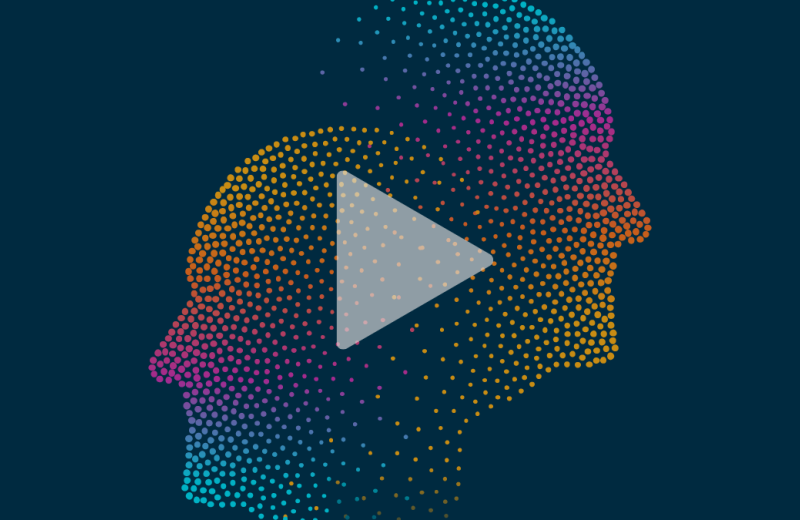 Graphic of two face profiles looking away from each other in multi color with play button overlayed