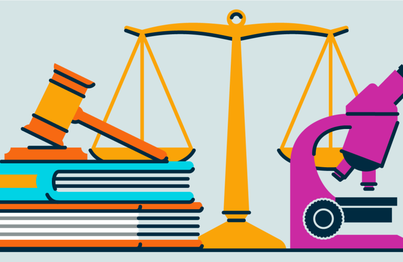 Graphic with a scale, gavel, books, and microscope