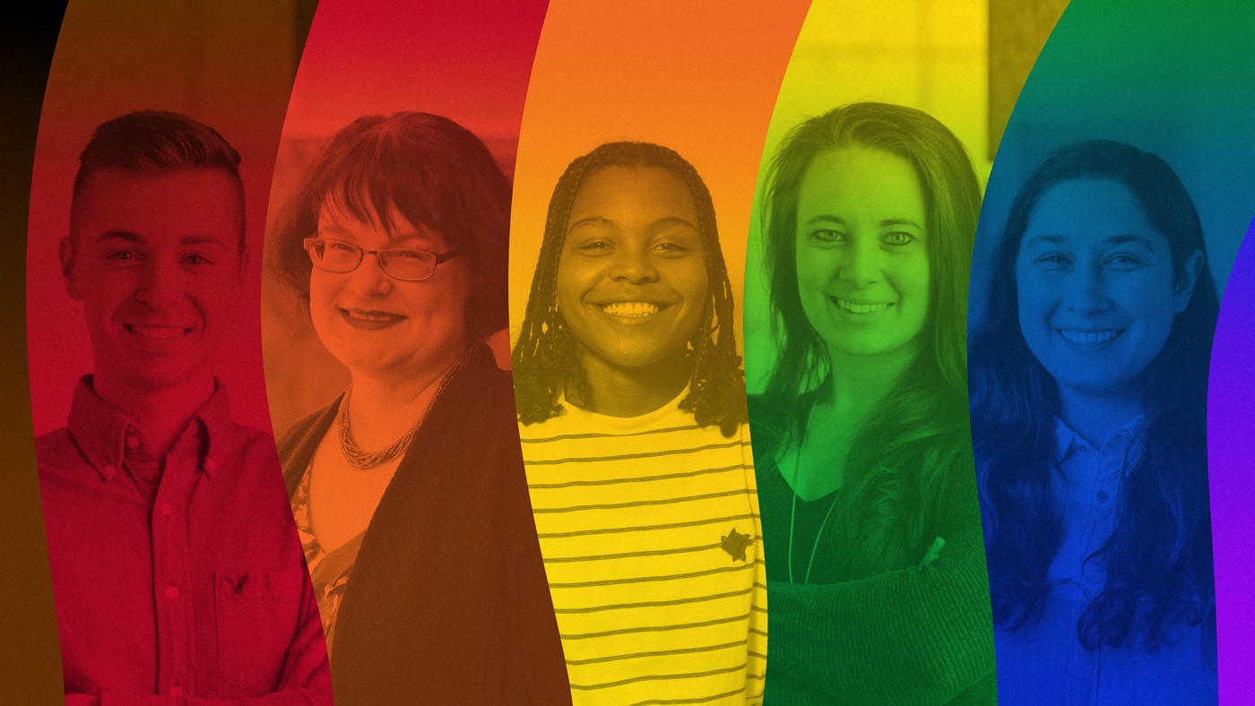 A version of the LGBTQ+ rainbow with portraits of members of the Gladstone community stylistically featured within the the stipes