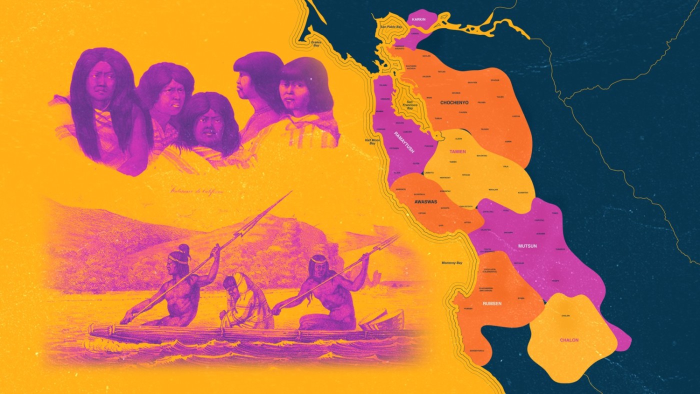 Illustration featuring Ramaytush Ohlone peoples and a map of the San Francisco Bay Area outlining the territories of different tribes