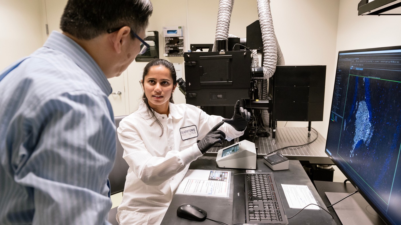 Sientists Yadong Huang and Antara Rao in the lab at Gladstone Institutes