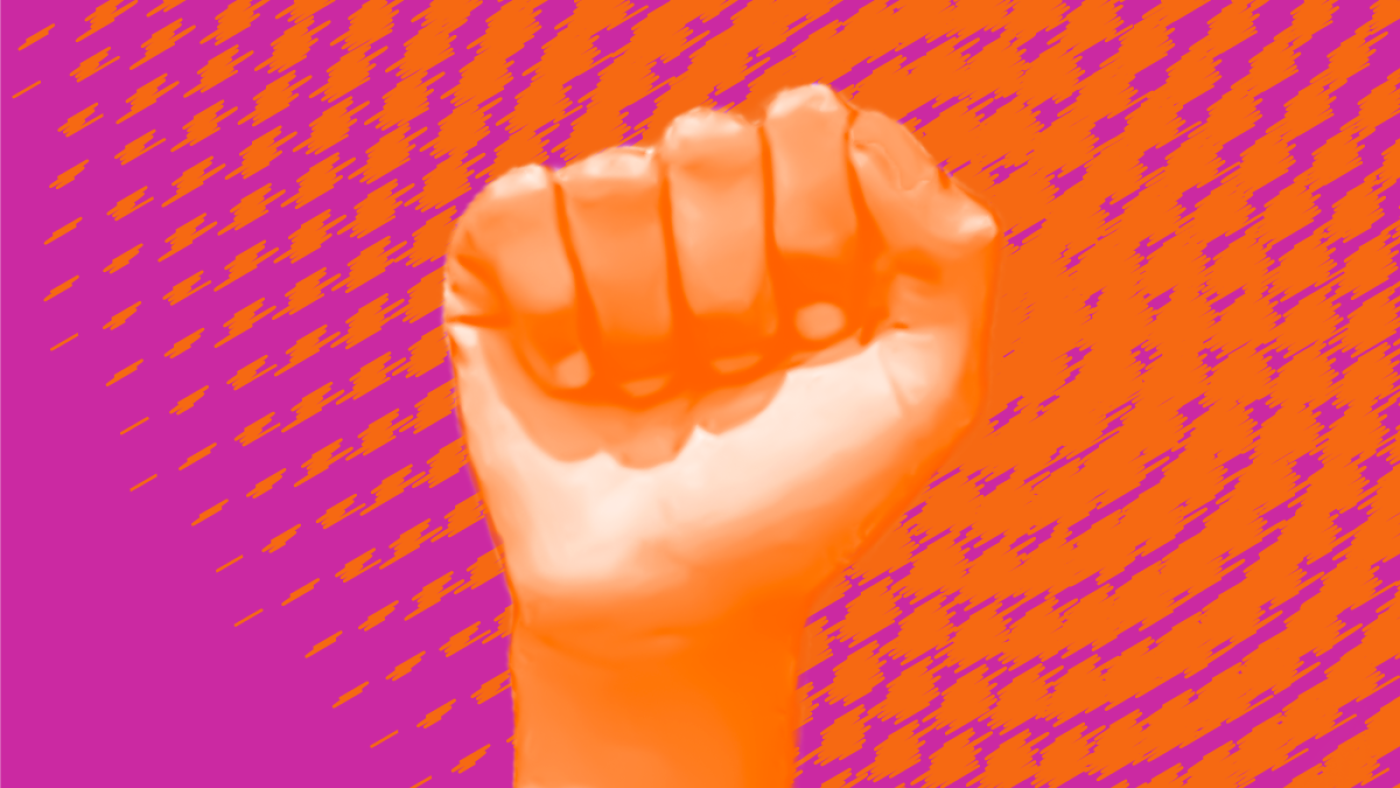 Fist raised with Amplified graphic behind