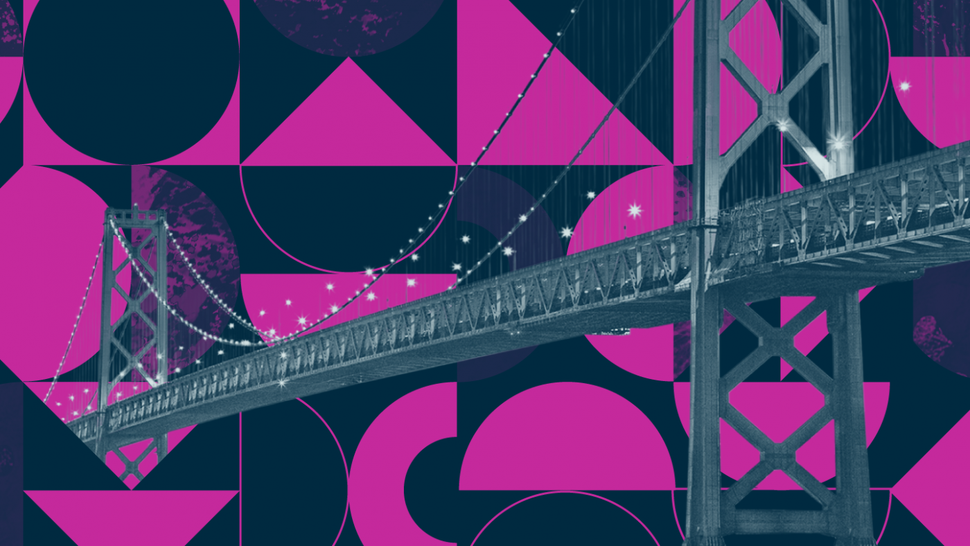 Graphic of the Bay Bridge with purple and magenta graphical elements behind