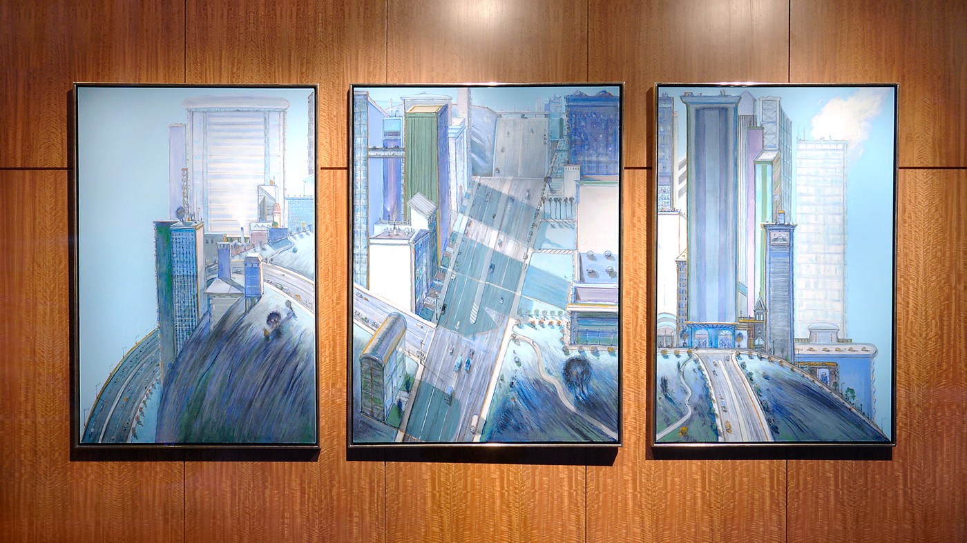 City Views by Wayne Thiebaud hanging in the lobby of Gladstone Institutes