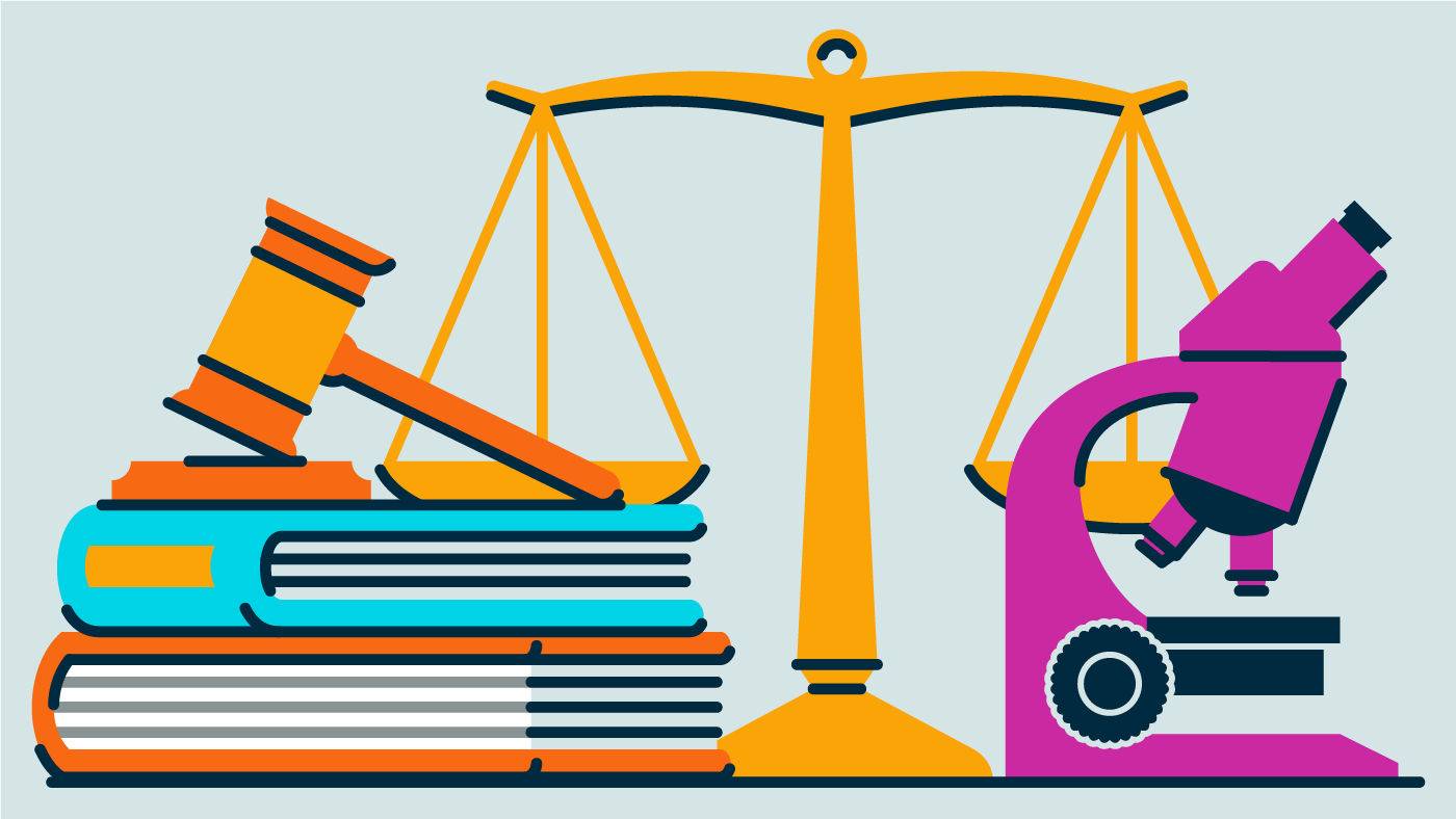Graphic with a scale, gavel, books, and microscope