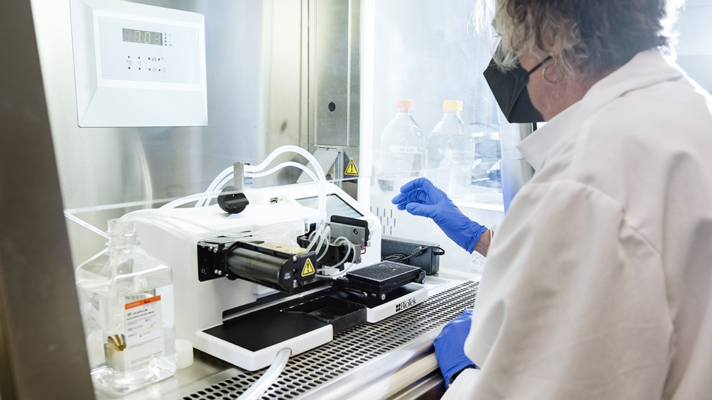 Scientist working in the Assay Development and Drug Discovery Core at Gladstone Institutes.