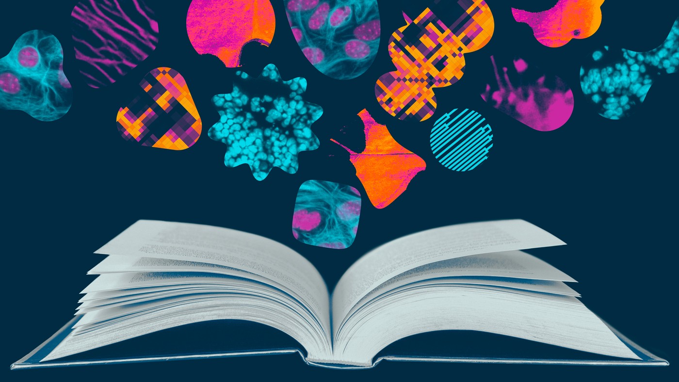 Illustration of a book with whimsical shapes and colors flowing out or the pages