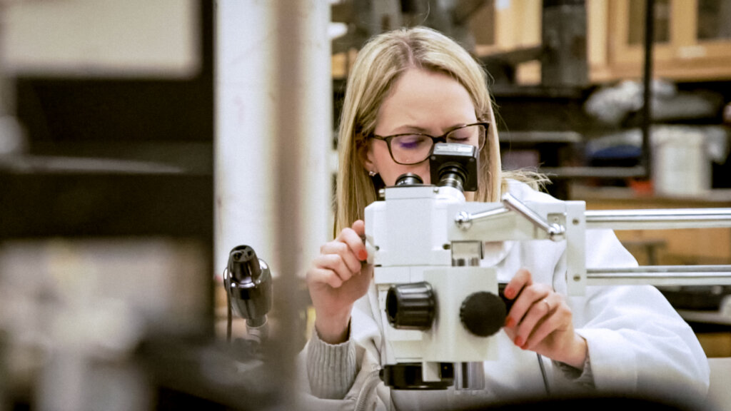 A researcher looks through a microscope in a laboratory setting.