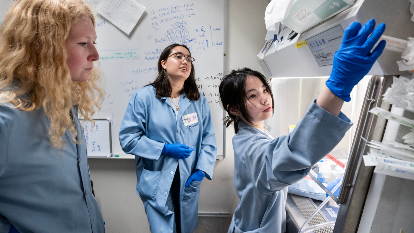 Gladstone postdoc and research associate working with a PUMAS intern in the lab