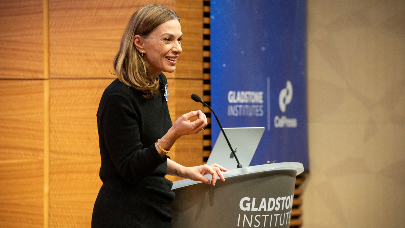 Magdalena Zernicka-Goetz, recipient of the 2023 Ogawa-Yamanaka Stem Cell Prize, giving a presentation at Gladstone Institutes