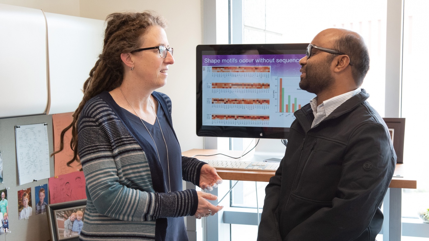 Katherine Pollard and Hassan Samee talking in front of a computer