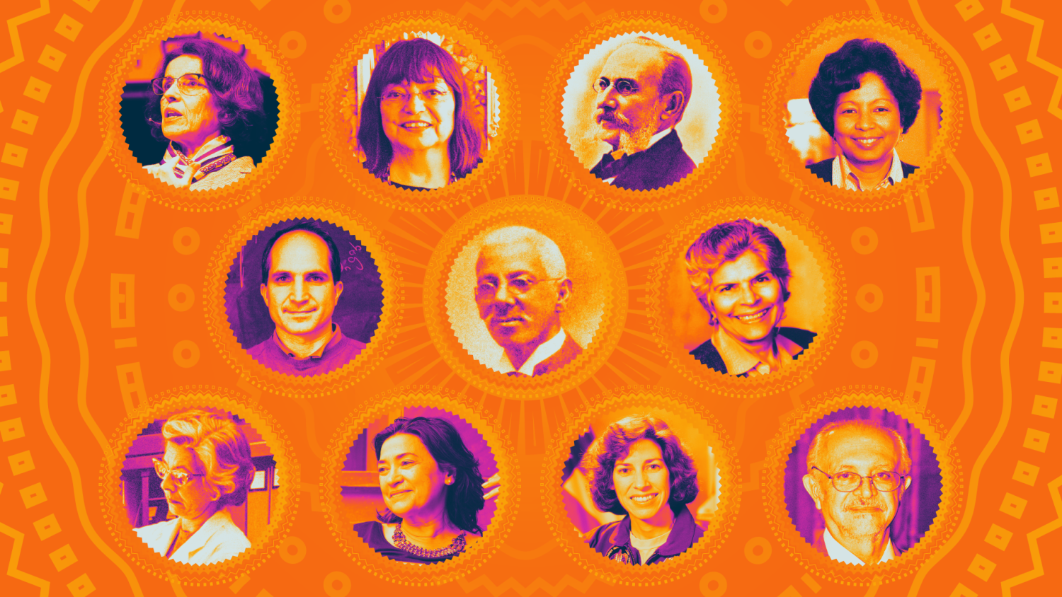 Three rows of headshots featuring Latinx scientists over an amber illustration