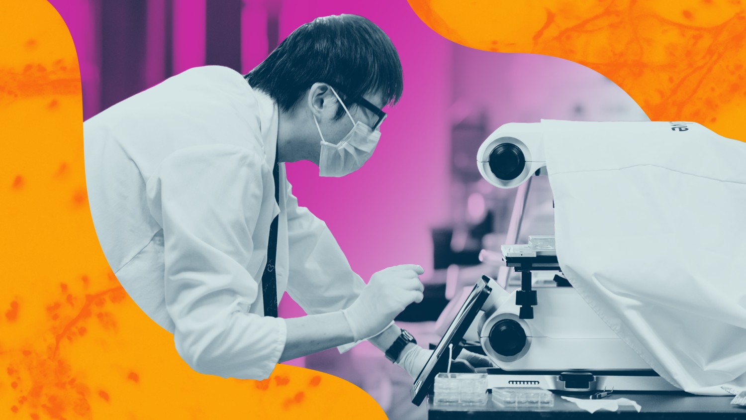 Stylized photograph of scientist in a lab at Gladstone