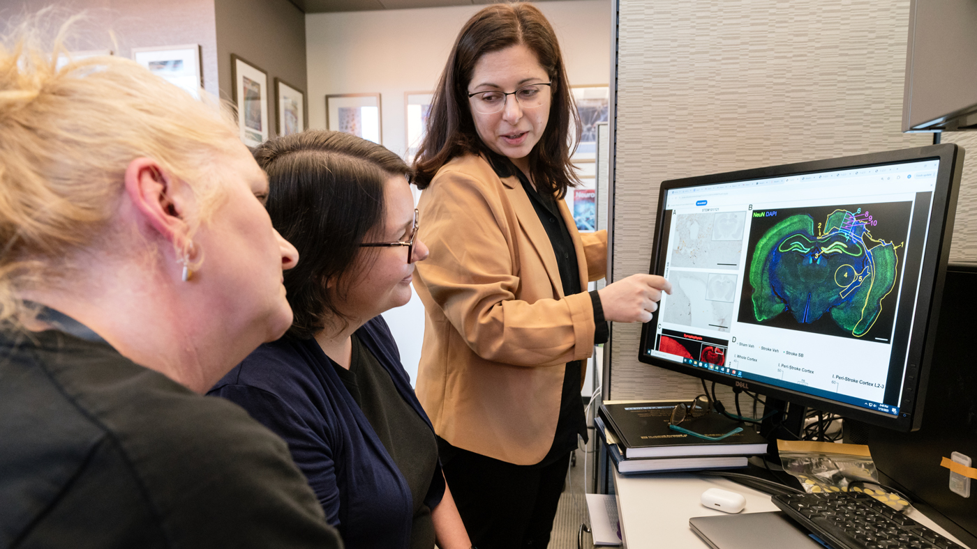Scientists at Gladstone Institutes review data in Jeanne Paz's lab.
