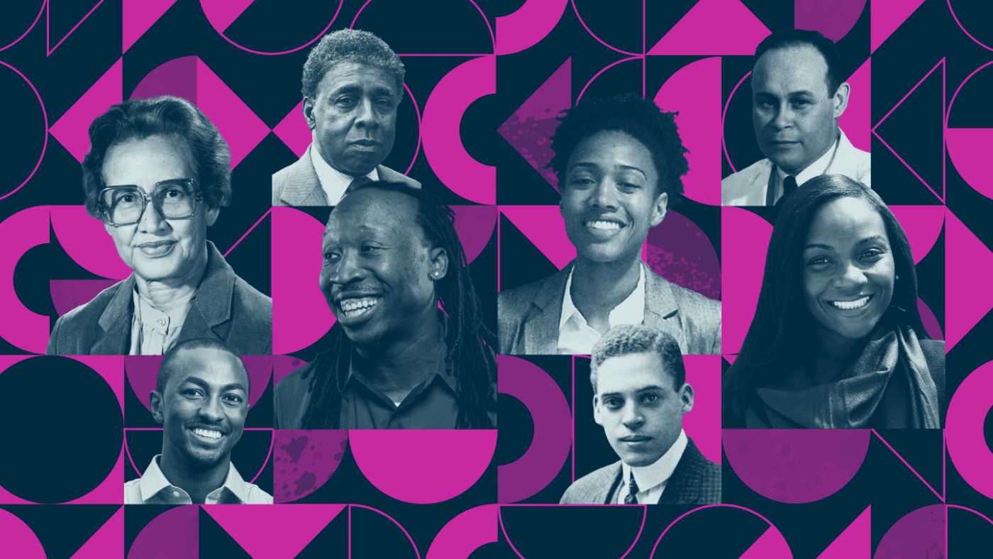 Headshots of African American scientists in differing sizes over purple and blue graphical background