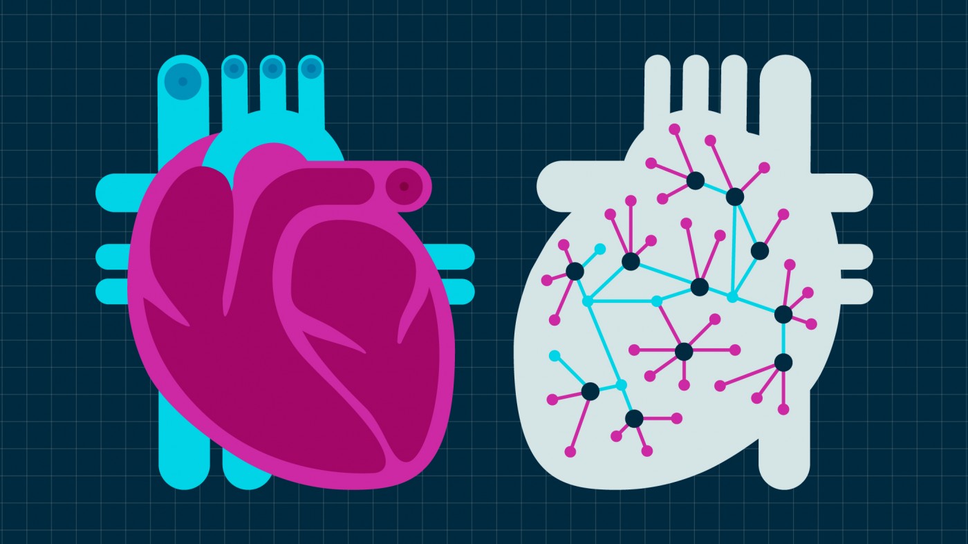 Icons of two hearts, one in blue and red, and the other with light background showing a series of networks