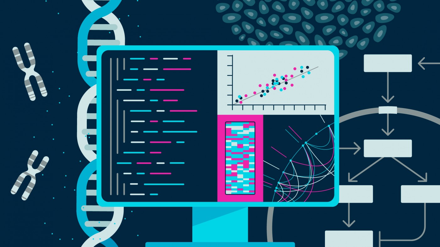 Illustration of computer with representations of data