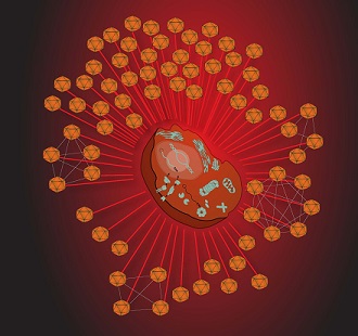 A network of viral invaders about to attack a human host cell