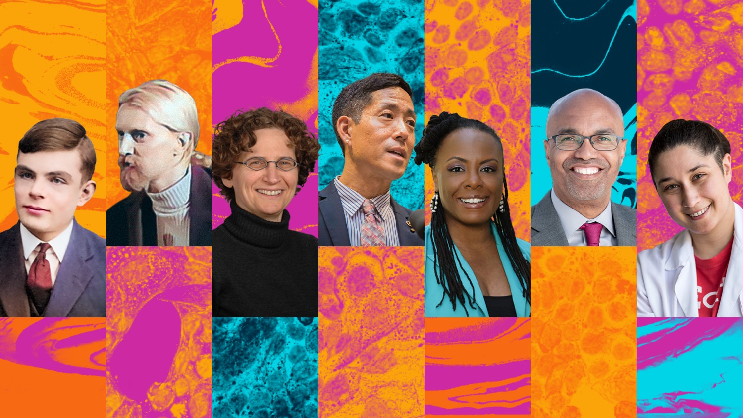 Headshots of Alan Turning, Bruce Voeller, Sharon Milgram, Kei Kozumi, Devin Horton, Ron Buckmire, and Stephanie Miller to celebrate LGBTQ+ Scientists