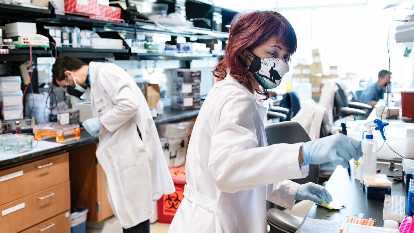 Takako Tabata working in the Ott Lab at Gladstone Institutes.