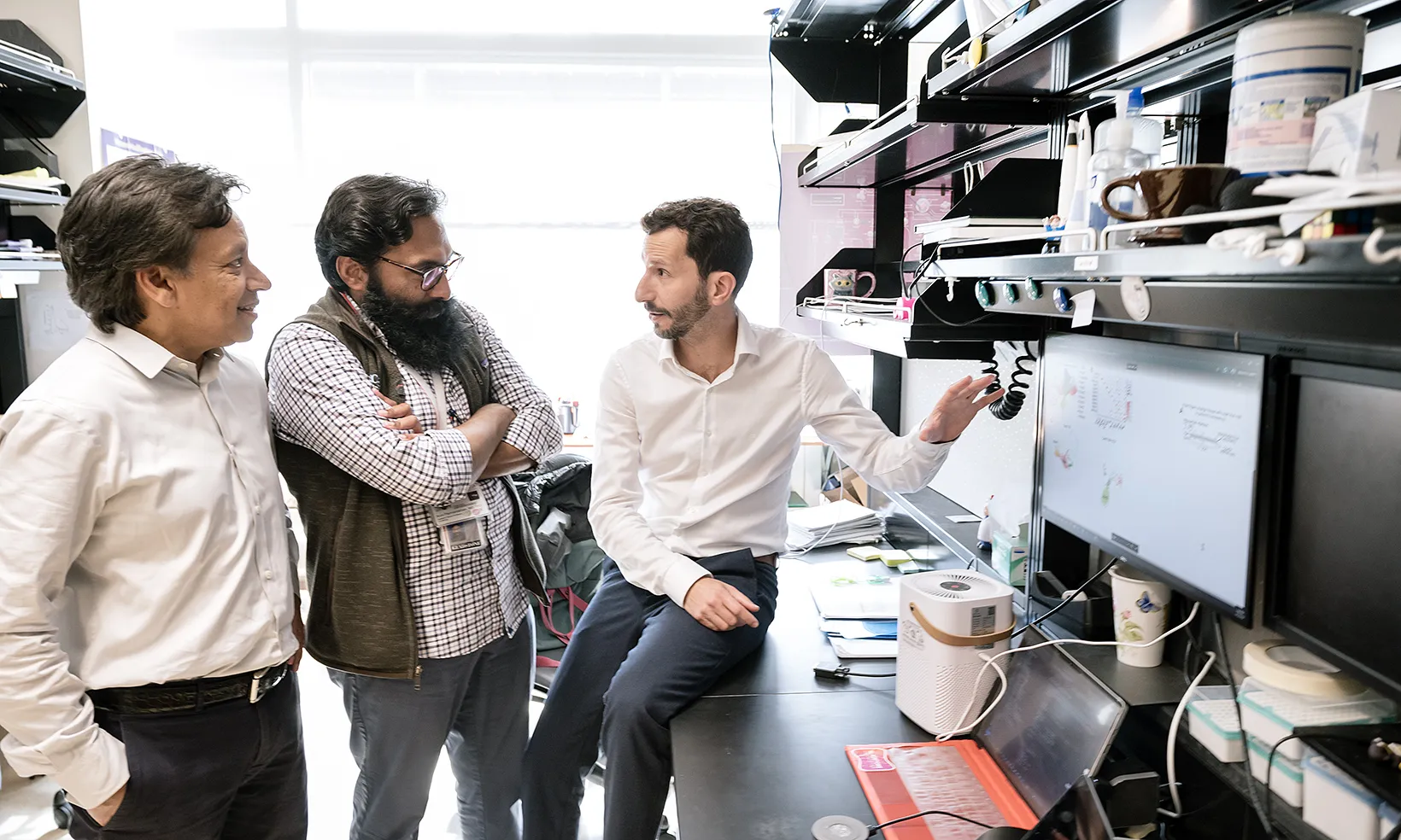 A team of scientists, including Deepak Srivastava (left), Arun Padmanabhan (center), and Michael Alexanian (right), uncovered how immune cells trigger a chain of events that cause fibrosis in the heart. Their findings could lead to the development of immune therapies targeting heart disease and chronic conditions in other organs.