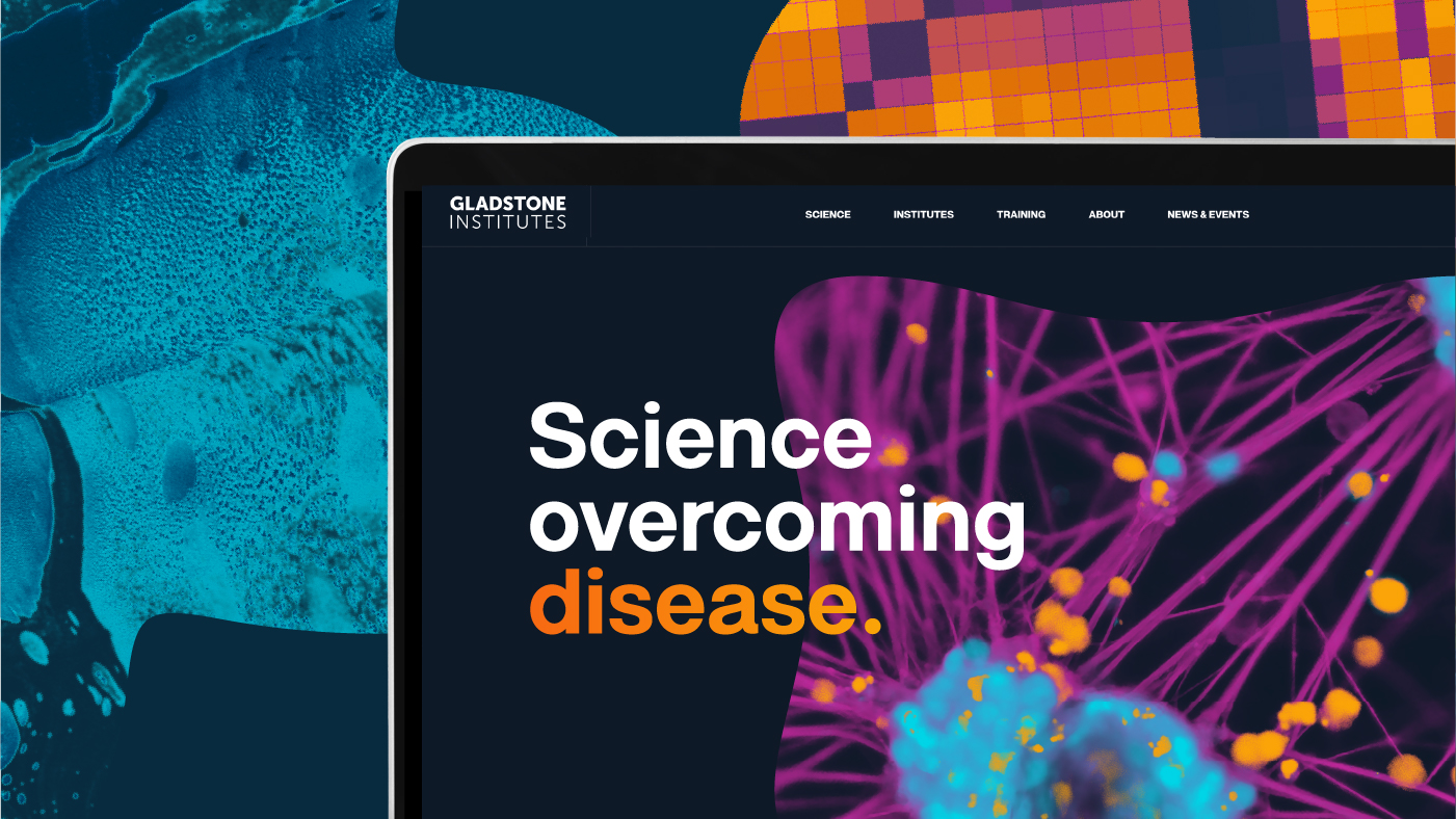 Gladstone Institutes website homepage displayed on a laptop screen, showing the hero banner with the headline ‘Science overcoming disease’ over a vivid microscopy image of neurons and cells in blue, purple, and orange.