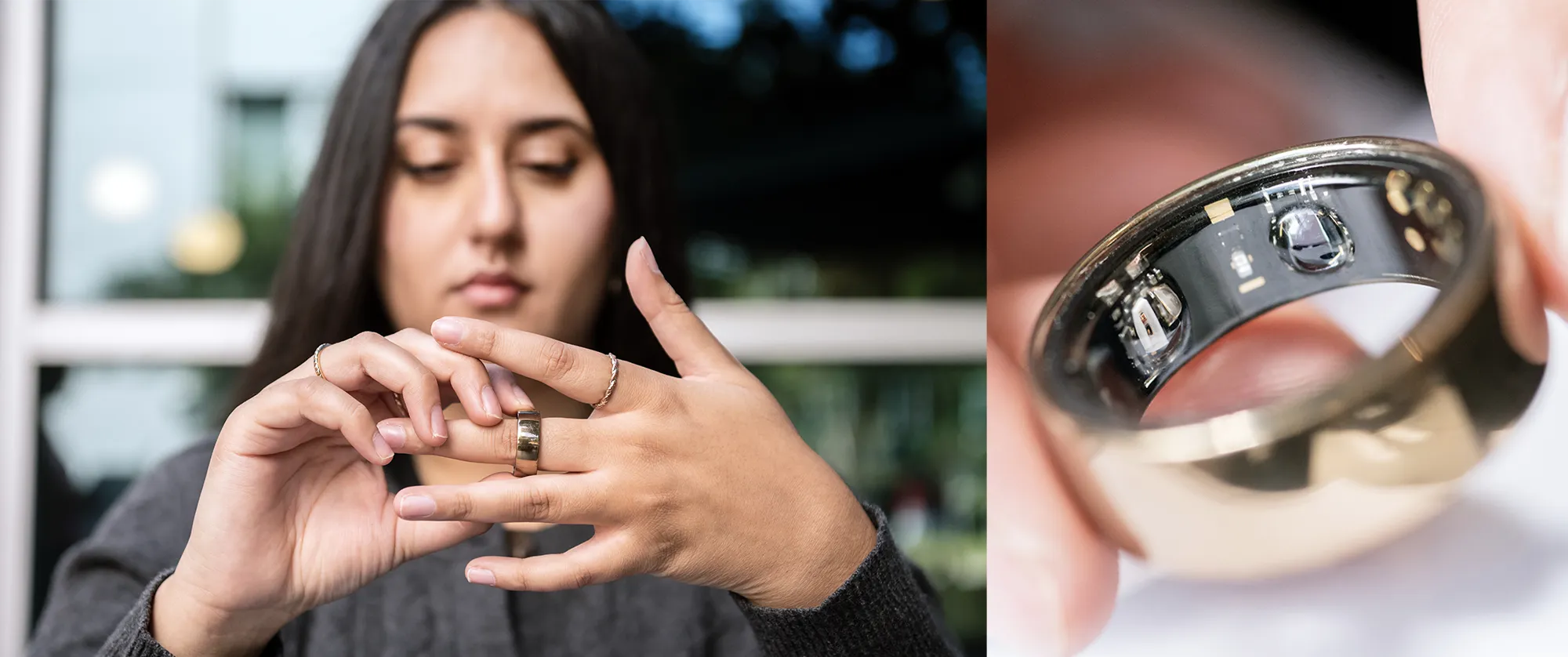 Karm Singh putting on an Oura Ring, and detail of the ring's sensors